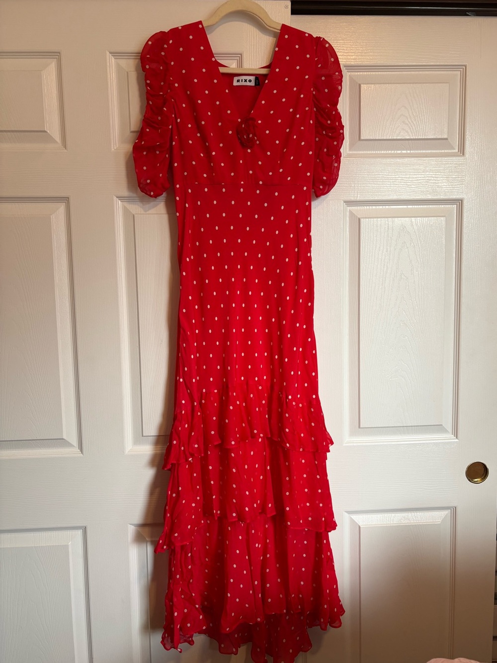 RIXO Red Polka Dot Midi Dress with Puff Sleeves US size 4